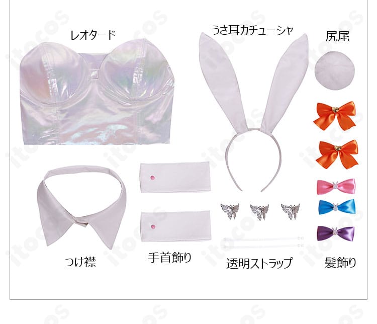 バニーVer.コスプレ衣装のセット内容一式。レオタード・つけ襟・うさ耳・手首飾り・尻尾・髪飾り・透明ストラップを並べて表示