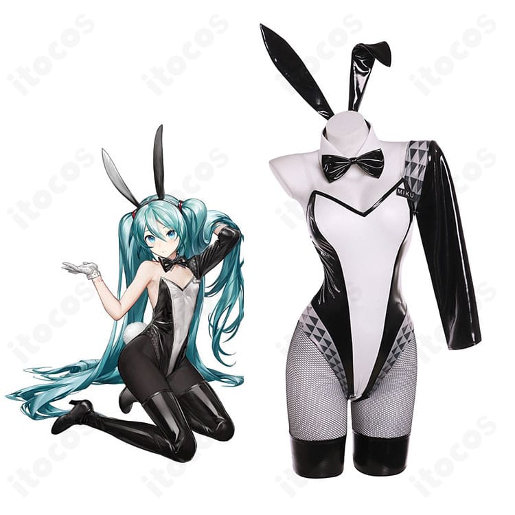 初音ミク バニーVer. コスプレ衣装一式の全体像。うさ耳・蝶ネクタイ・尻尾まで揃った高再現コーデの参考画像。