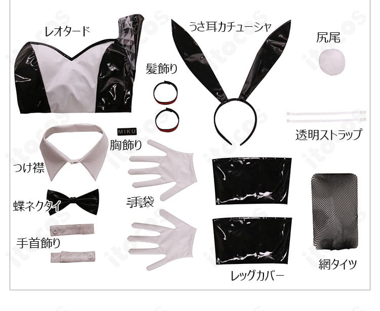 セット内容の一覧画像。レオタード、うさ耳、網タイツほか小物までフルセットで揃うことを示す。