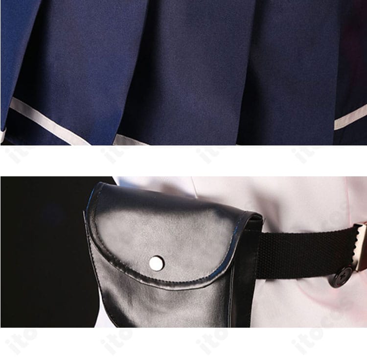 本城遊理 コスプレ衣装のスカートと腰帯装飾の細部。プリーツの折りと装飾の配置を捉えた接写。