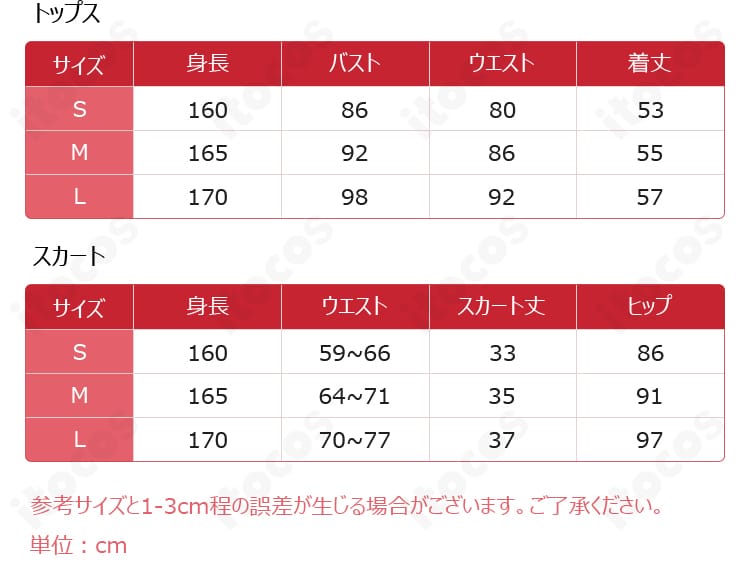 本城遊理 コスプレ衣装のサイズ対応表。S・M・Lの寸法目安が一目で分かるガイド。