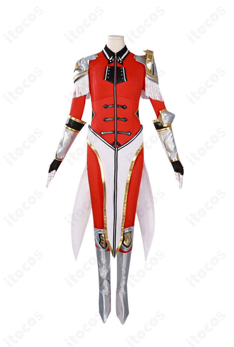 向坂雫の赤色アーマーコスプレ衣装・正面全体。襟元とチェーン、腰装飾の配置が分かる画像