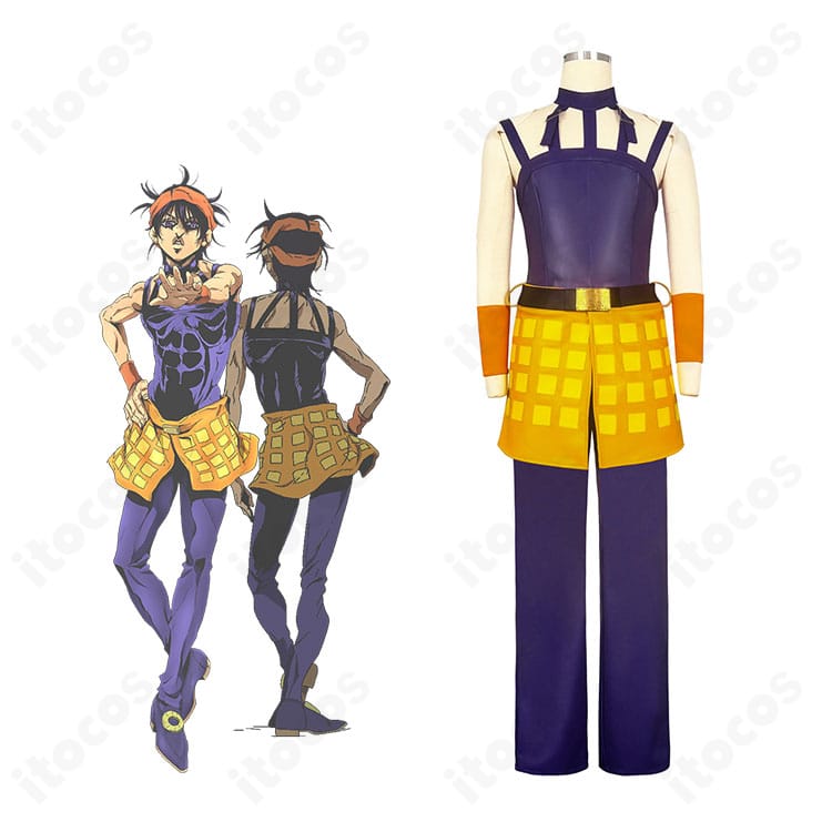 ジョジョの奇妙な冒険 黄金の風 ナランチャ・ギルガのコスプレ衣装。キャラクターのシルエットと配色を忠実に再現した全身イメージ。