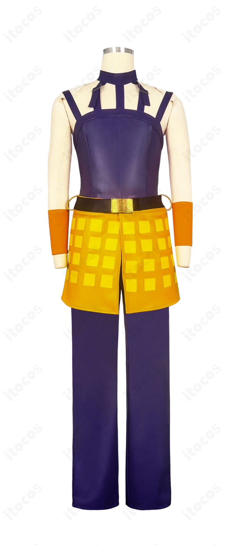 ジョジョの奇妙な冒険 Part5 ナランチャ・ギルガ コスプレ衣装の正面カット。特徴的なトップスとストラップの配置がわかる高発色デザイン。