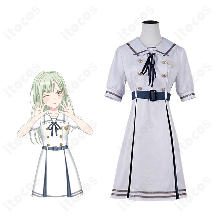 バンドリ！ 若葉睦の月ノ森女子学園 夏服コスプレ衣装の全体詳細。キャラクターと制服の組み合わせが分かる解説画像。