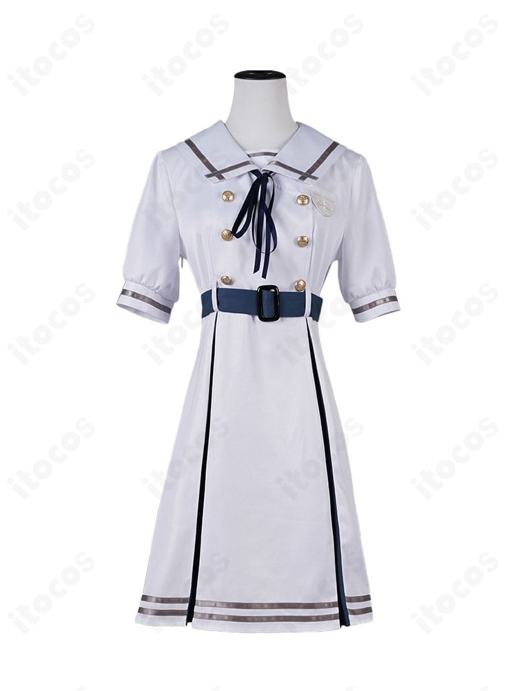 バンドリ！ 若葉睦 月ノ森女子学園 夏服コスの正面全身。襟元やリボン、ボタン配置などデザインディテールを確認できる画像。