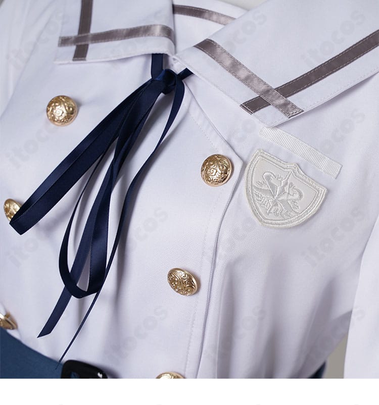 若葉睦 月ノ森女子学園 夏服の胸飾りとリボンのクローズアップ。質感と結び目の形を確認できる画像。