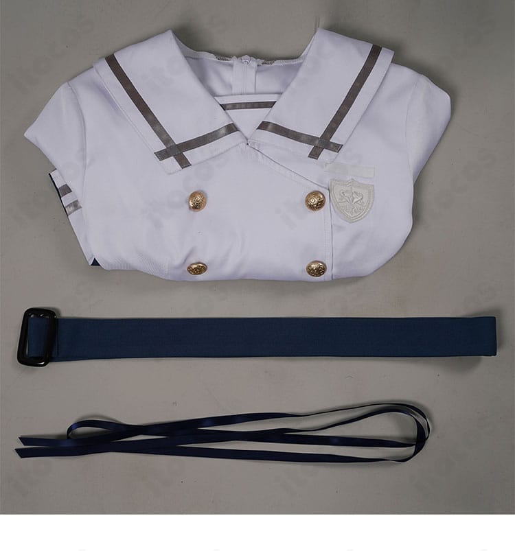 バンドリ！ 若葉睦 コスプレ衣装のセット内容。ワンピース、ベルト、リボンの3点が並んだ構成写真。