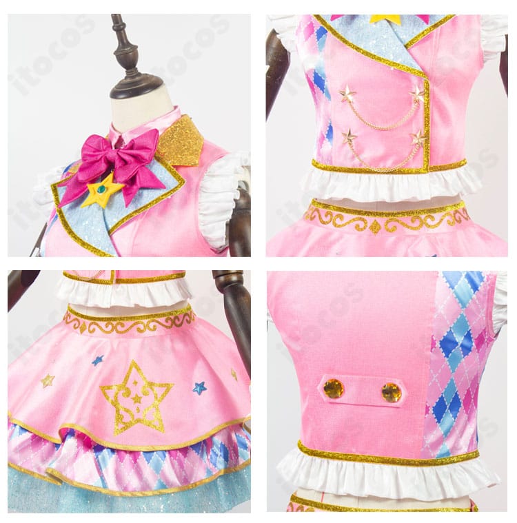 虹野ゆめ コスプレ衣装の装飾アップ。刺繍風の花柄や星モチーフ、縁取りの質感が分かる接写画像。