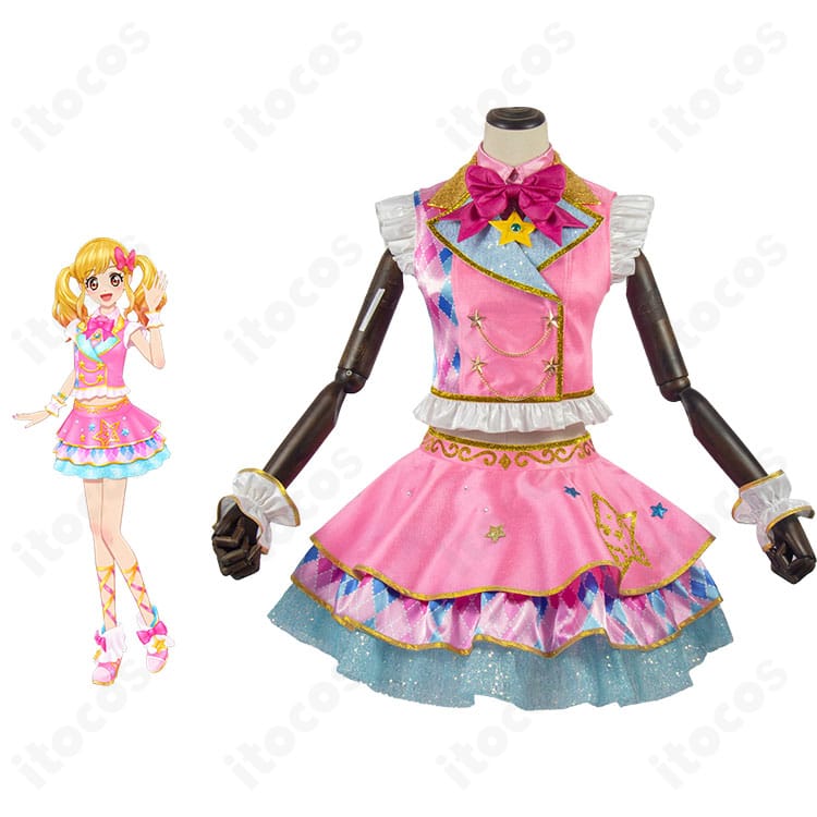 虹野ゆめのピンクスターコーデと衣装正面を並べて示した画像。星とピンク基調のアイドル衣装を高再現。