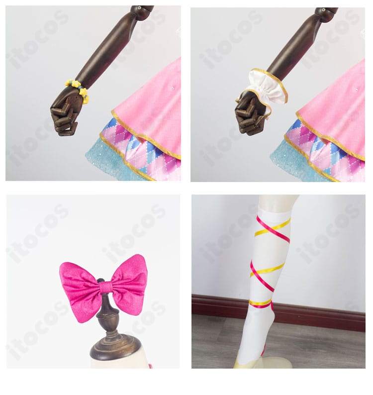 虹野ゆめ ピンクスターコーデの腕飾り・蝶結び・脚飾りの拡大。小物の質感と留め仕様が分かる画像。