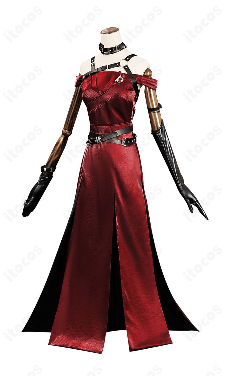 麗しき暗幕ドレスの側面。フィット感とフレアの落ち感、腕飾りの収まりを確認できる