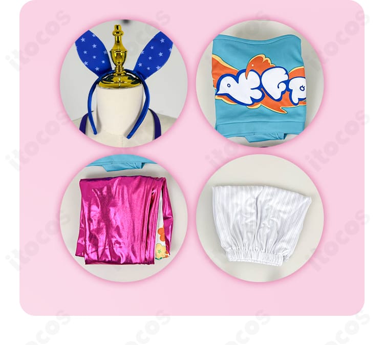 小鳥遊キアラ新衣装コスプレのセット内容。トップス、ジャンプスーツ、レッグカバー、カチューシャの4点を並べた画像。