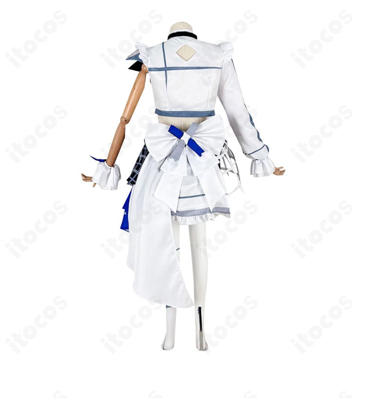 オーロ・クロニー ブライト衣装コスプレの背面。大きな蝶結びと背中のライン、留め具構造が見える画像。