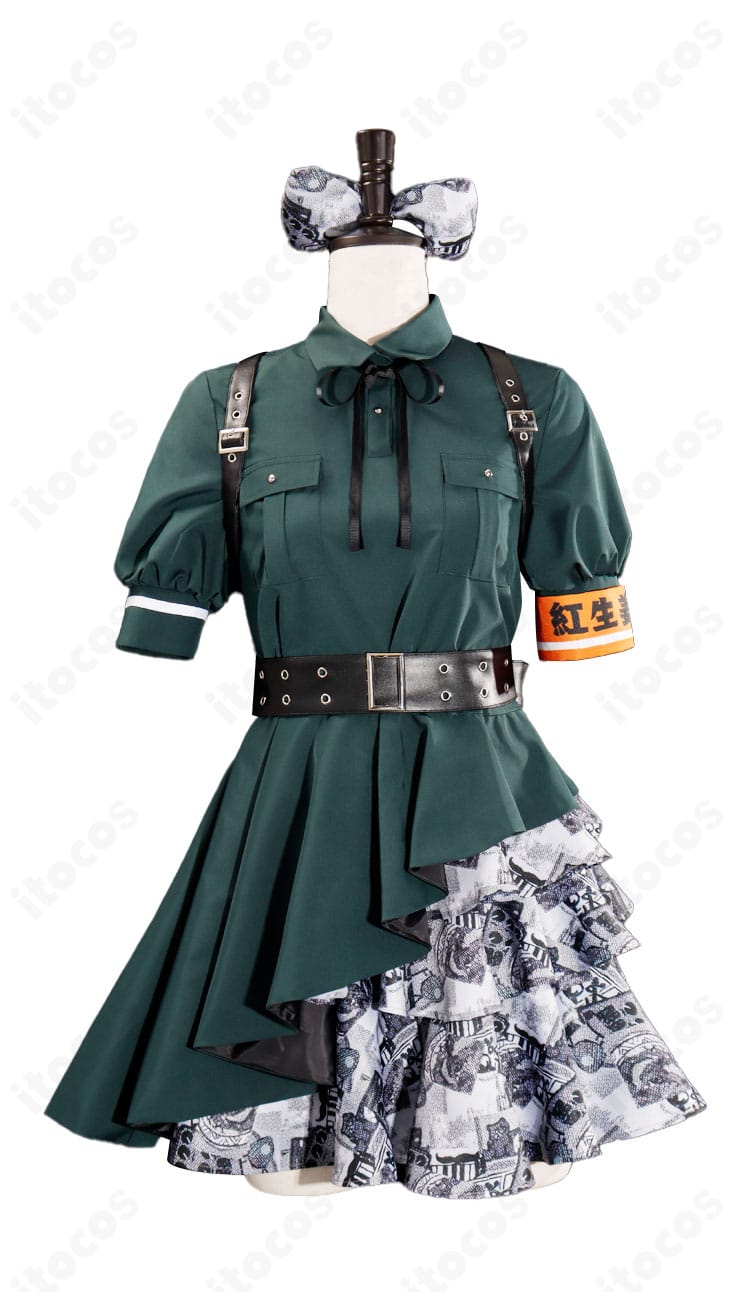 商品正面カット。ガールズバンドクライ 海老塚智コスプレ衣装のトップス・スカート・胸ベルトの配置が確認できる正面写真。