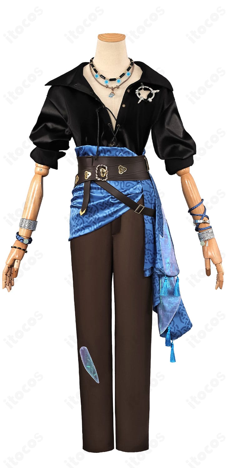 正面全体図。淀みない理性のトップスとズボン、腰飾りやネックレスの配置が確認できる高再現コスプレ衣装