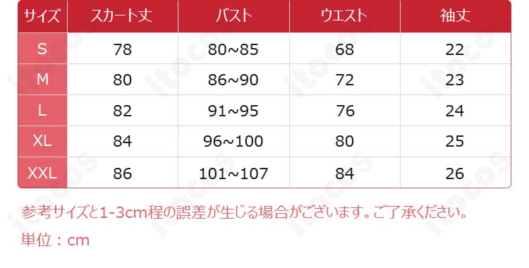 初音ミク ラビットホール メイド服コスプレのサイズ表画像。S〜XXLまでの寸法情報が一目でわかるガイド。
