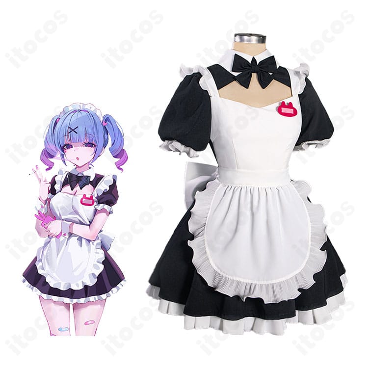 初音ミク ラビットホール メイド服コスプレ一式を着用イメージで表現した写真。可愛いフリルと大きなリボンが映える全身コーデ。