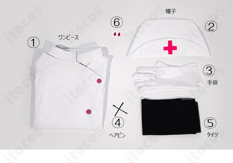 初音ミク ラビットホール ナース服コスプレ セット内容一式。ワンピース・帽子・手袋・ヘアピン・タイツの5点構成