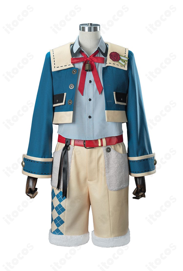 郵便配達員コスプレ衣装の正面アップ。シャツ、コート、ベルトの配置と配色が明瞭に見えるカット。