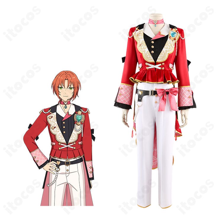 商品正面とキャラクター参考：あんさんぶるスターズ！！ 朱桜司のラブコレクター衣装を再現したコスプレ一式の全体像