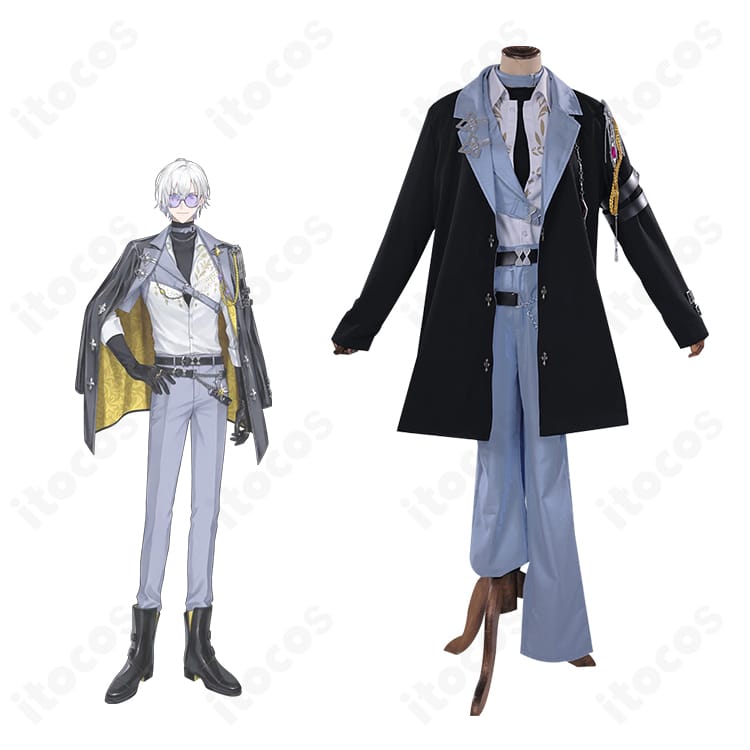 商品正面とキャラクターの比較イメージ。にじさんじ ケイリクス・デボネアのフォーマル衣装を前面から再現した写真