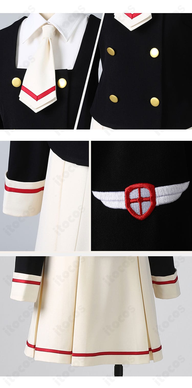 ネクタイ・袖口ライン・胸元アイコン装飾のクローズアップ。桜らしい端正なディテールを強調した写真。