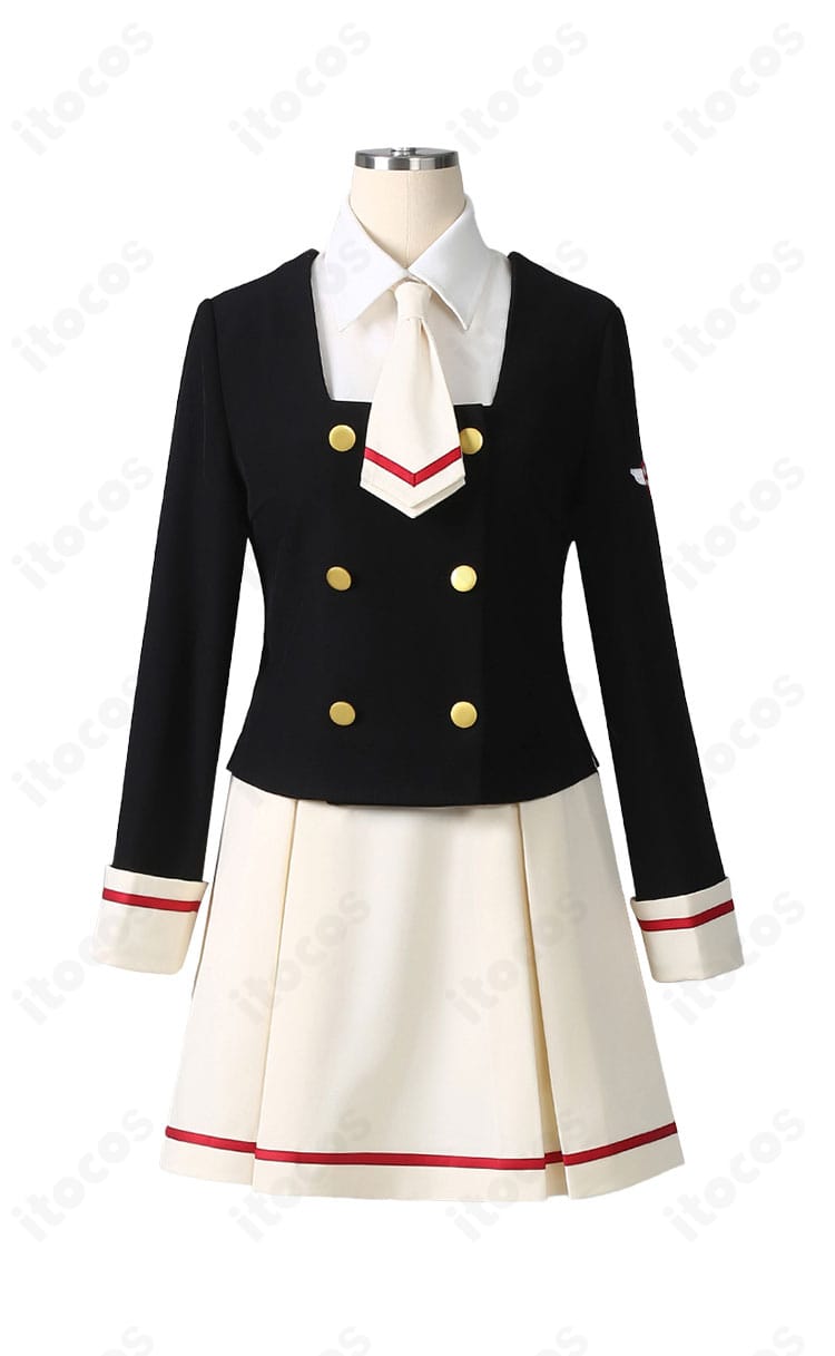 木之本桜 友枝中学校制服コスプレ衣装の正面全体。トップスとプリーツスカートのバランスが分かるカット。