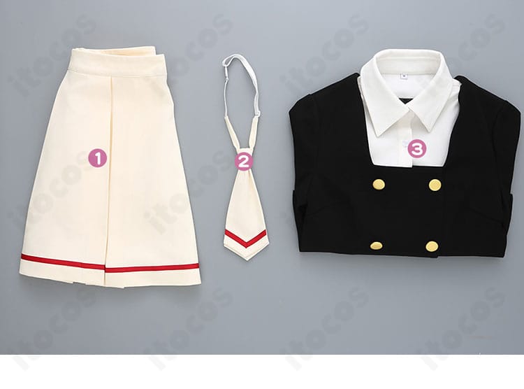 セット内容（トップス・スカート・ネクタイ）の一覧画像。着用準備がしやすい3点構成を明示。