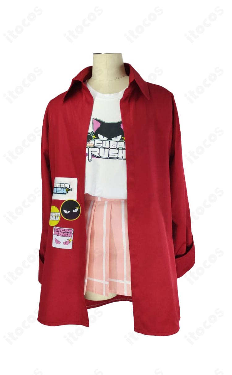 ブルーアーカイブ 伊原木ヨシミのコスプレ衣装 正面全体。コート・インナー・スカートのバランスと配色が確認できる画像。