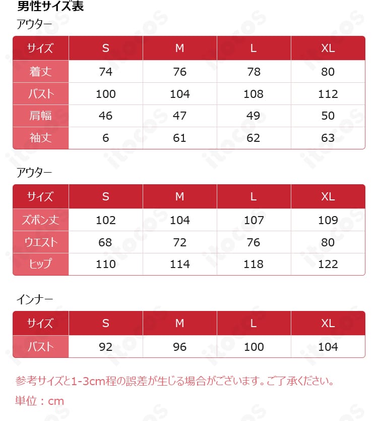佐伯イッテツのデフォルト衣装の男性向けサイズ案内
