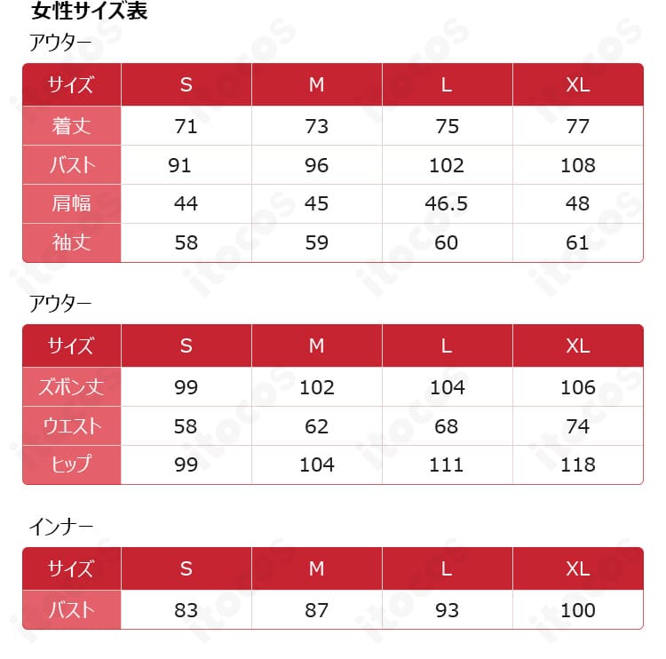 佐伯イッテツのデフォルト衣装の女性向けサイズ案内