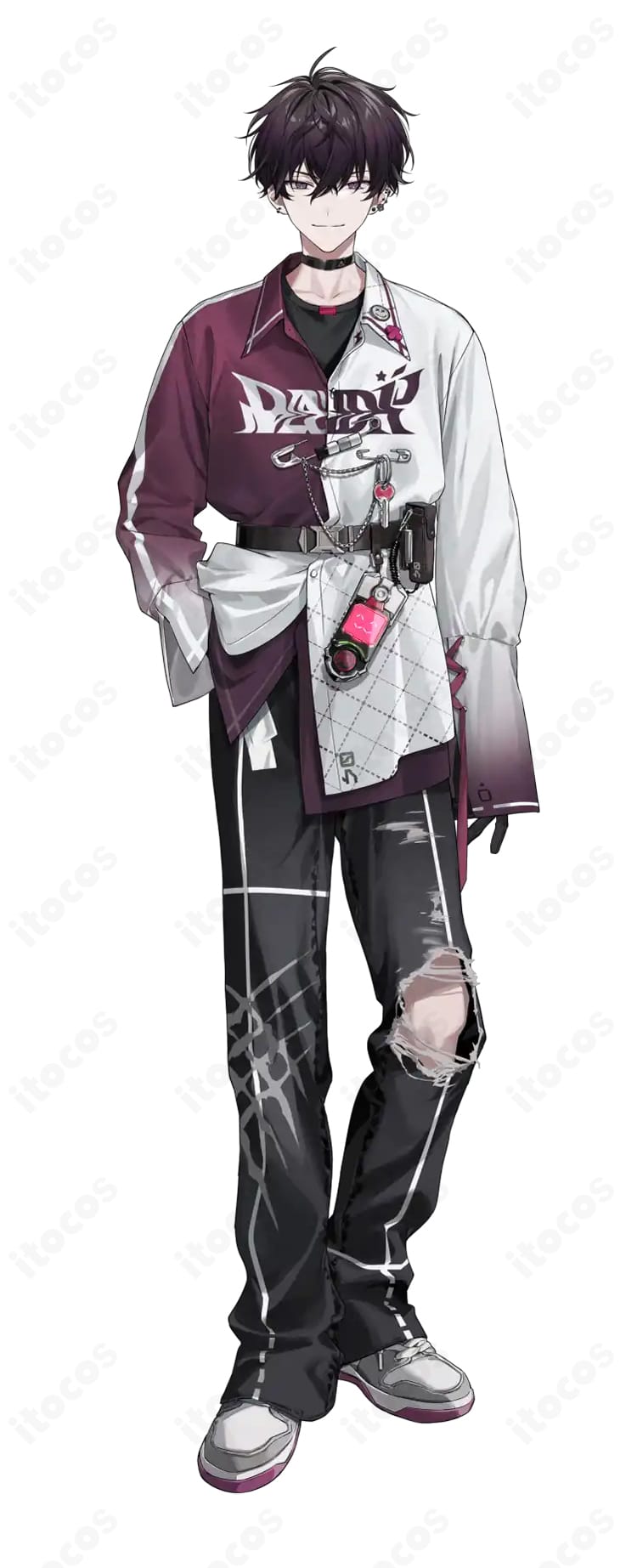 佐伯イッテツのデフォルト衣装コスプレ一式。シャツ・インナー・ズボン・手袋・チョーカー・ベルト・ポーチ・装飾物まで再現した全身イメージ。