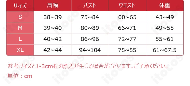 S〜XL対応のサイズ表と主要寸法を示したフィット感ガイド図