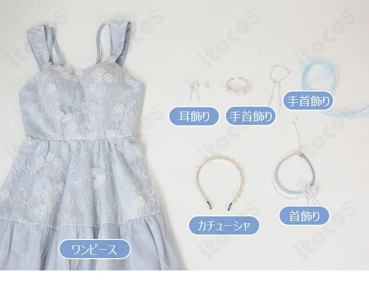 セット内容一式（ワンピース、カチューシャ、首飾り、耳飾り、手首飾り）を並べた内容展示写真