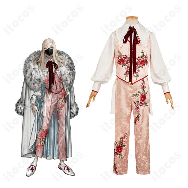 三途春千夜 スーツver. コスプレ衣装の正面全体像とキャラクターイメージの融合図。シルエット再現を確認できる画像