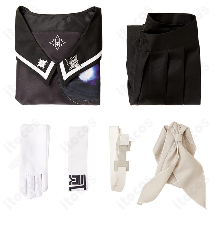 セット内容一式の展示。トップス、スカート、ベルト、スカーフ、手袋、腕章を並べた全体確認画像。