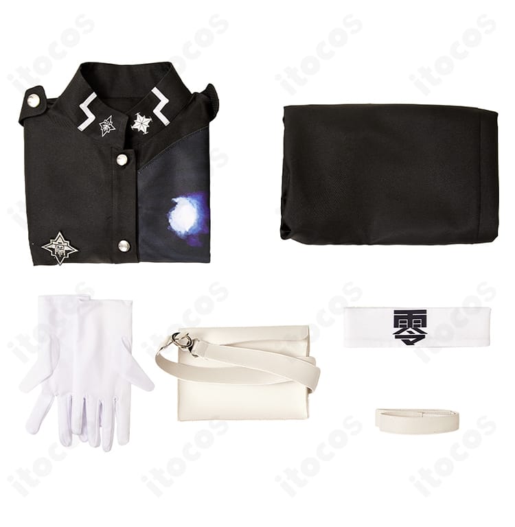 セット内容一覧：トップス、ズボン、腕章、ベルト、ウエストポーチ、手袋、太もも飾りを並べた構成