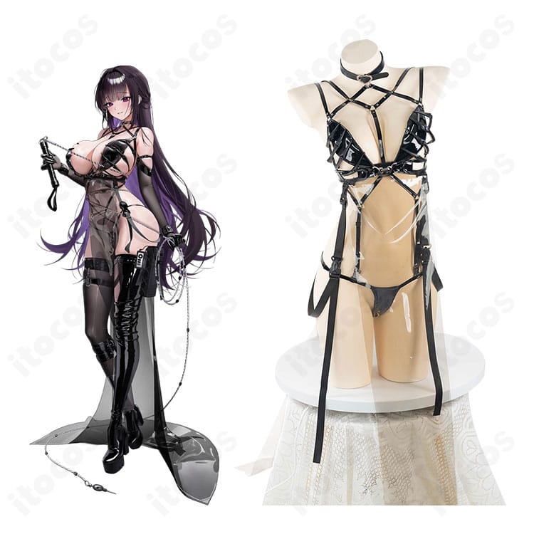 ミハラのボンディングチェーン衣装の正面全体とキャラクター参考画像。チェーンと腰帯の配置が分かるフロント詳細。