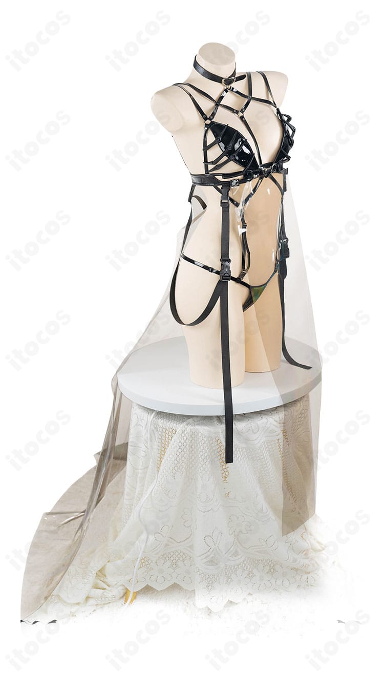 側面図：ボンディングチェーン衣装のサイドディテール。チェーンの流れと切り替え位置を強調。