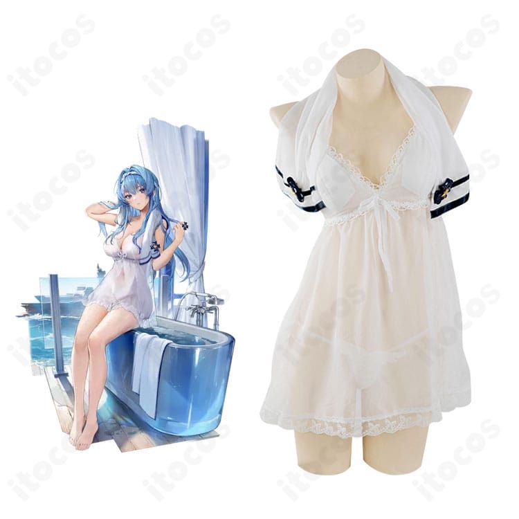 『勝利の女神：NIKKE』ヘルム アフターシャワー衣装の正面全体と公式イメージの組み合わせ。花朵装飾と色味の再現が分かる説明画像。