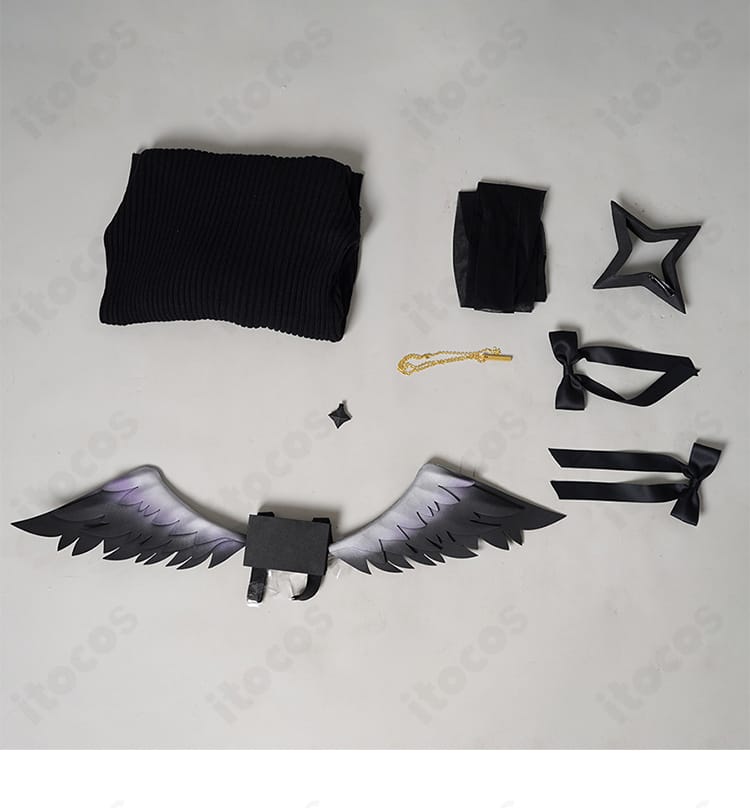 天音かなたモチーフ 妹イメージ衣装のセット内容。トップス・靴下・翼・髪飾り・ネックレスのトータルコーデ