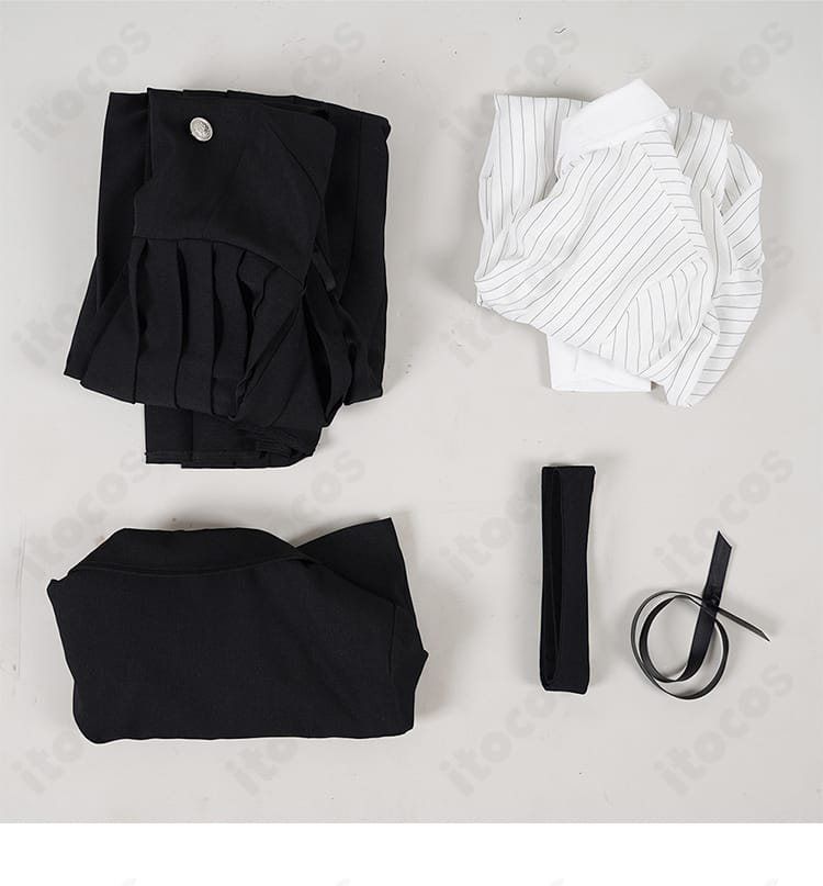 ロックは淑女の嗜みでして 白矢環（シロ）衣装のセット内容一覧。コート、ワンピース、シャツ、リボン、ベルトを並べた構成写真。