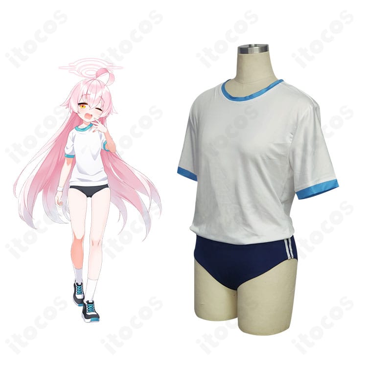 ブルーアーカイブ 小鳥遊ホシノの体操服コスプレ衣装。トップスとショートパンツの全身イメージで、学園スポーティな雰囲気を再現。