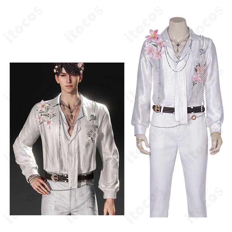 恋と深空 マヒル「想い乗せて浮く花」コスプレ衣装の正面全身とキャラクター比較。シャツとパンツ、ベルト・チェーン・ネックレスの再現を確認できる合成画像