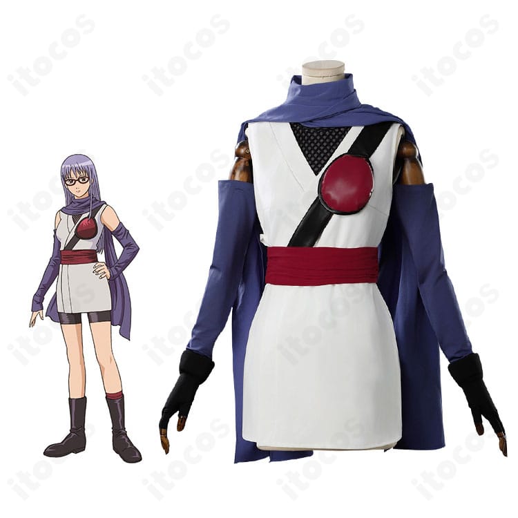 銀魂の猿飛あやめ くノ一衣装を着用した正面全身カット。赤×黒の配色とマフラー、コルセットベルトまで高再現。イベント・撮影向け。