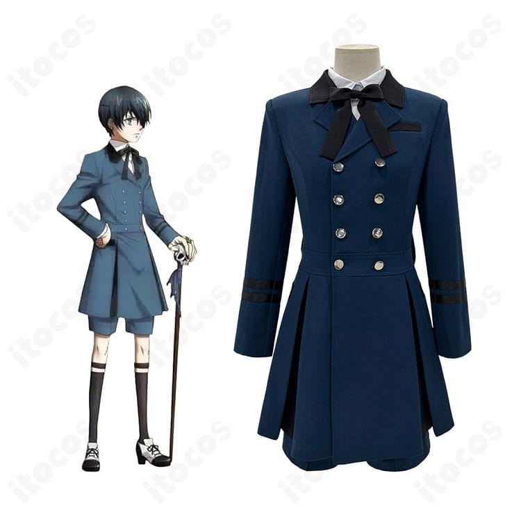 商品正面とシエル・ファントムハイヴが並ぶ、黒執事II シエル衣装の全体像。貴族風コートとショートパンツ、リボンを再現。