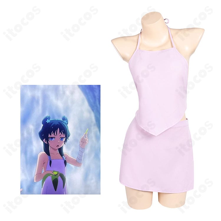 薬屋のひとりごと 猫猫（マオマオ）滝壺コスプレ衣装の正面とキャラクター比較。中華風デザインと刺繍の再現度を示す合成画像。