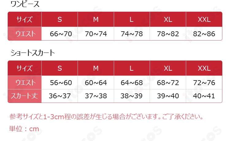 イリヤスフィール 魔法少女衣装のサイズガイド。S〜XXLまでの寸法表と採寸ポイントを示した説明図。