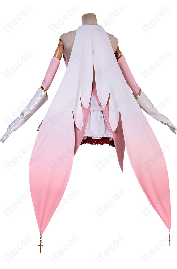 イリヤスフィール 魔法少女衣装の背面ディテール。背面ファスナーとリボン配置、裾の広がりが分かる後ろ姿。